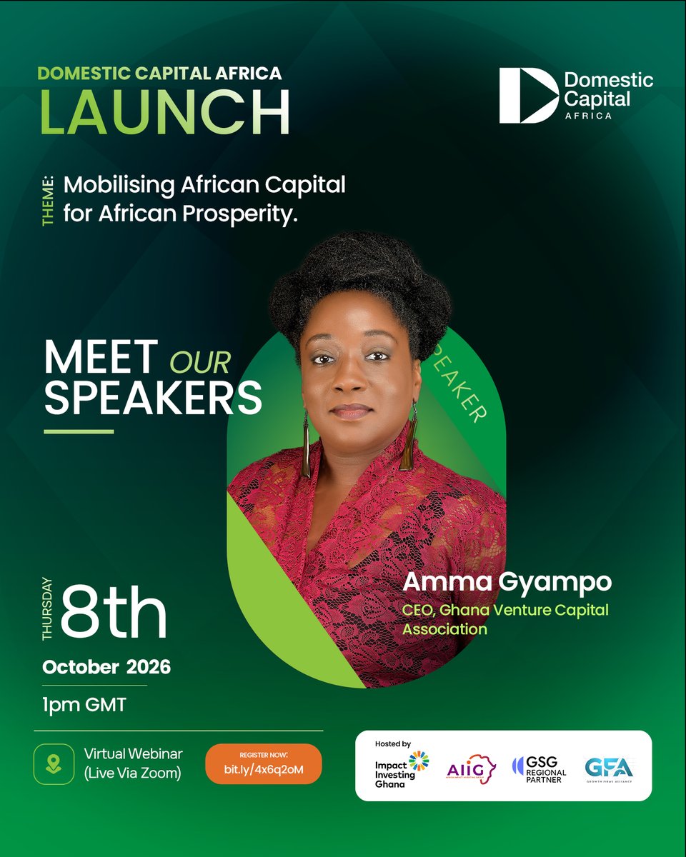 ImpactInvGh's tweet photo. Meet the leaders delivering opening remarks at the Domestic Capital Africa launch! 🌍✨   
Featuring Afua Gyane (IIGh), Amma Lartey (IIGh), Kwabena Boamah (Stanbic IMS), Amma Gyampo (GVCA) &amp; Matt Guttentag (GFA).   
🗓 08/10/26 | 1 PM GMT   
🔗: https://t.co/K5VdnRaBxb
#DCA2026 https://t.co/pQsBC8vN06
