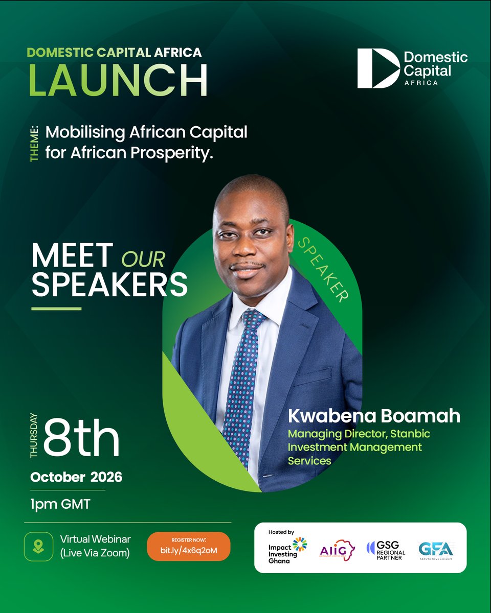 ImpactInvGh's tweet photo. Meet the leaders delivering opening remarks at the Domestic Capital Africa launch! 🌍✨   
Featuring Afua Gyane (IIGh), Amma Lartey (IIGh), Kwabena Boamah (Stanbic IMS), Amma Gyampo (GVCA) &amp; Matt Guttentag (GFA).   
🗓 08/10/26 | 1 PM GMT   
🔗: https://t.co/K5VdnRaBxb
#DCA2026 https://t.co/pQsBC8vN06