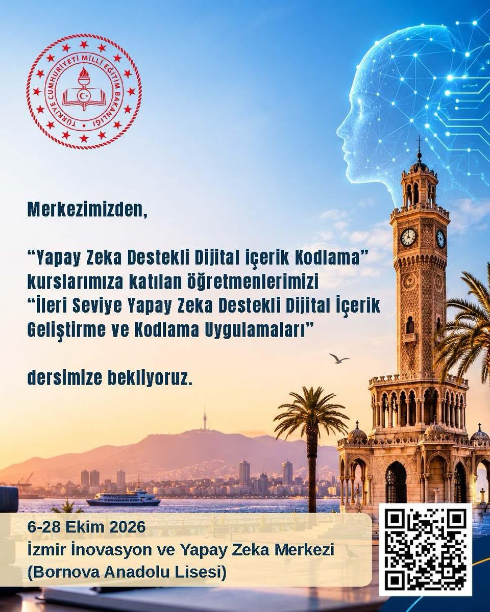 izmir_ilmem's tweet photo. 💫 Eğitimin ve inovasyonun merkezi olmaya devam ediyoruz!

2025-2026 eğitim öğretim yılında “Yapay Zekâ Destekli Dijital İçerik Kodlama Kursu”nu başarıyla tamamlayan öğretmenlerimize yönelik “İleri Seviye Yapay Zekâ Destekli Dijital İçerik Geliştirme ve Kodlama Uygulamaları” kurslarımız başlıyor. 🤖💻

Öğretmenlerimizin yapay zekâ ve dijital teknolojiler alanındaki yetkinliklerini ileri seviyeye taşımayı hedefliyoruz.

🗓️6-28 Ekim 2026
📍 İzmir Yapay Zekâ ve İnovasyon Merkezi

@tcmeb @Yusuf__Tekin @drsuleymanelban @yahsiomer
