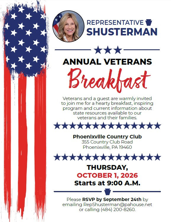 RepShusterman's tweet photo. Today is the last day to RSVP for my Annual Veterans Breakfast! 🎖

This is one of my favorite events each year as we honor our community's veterans! RSVP for yourself and guest by emailing my office at RepShusterman@pahouse.net or by calling 484-200-8260. https://t.co/9mh86mmuE6