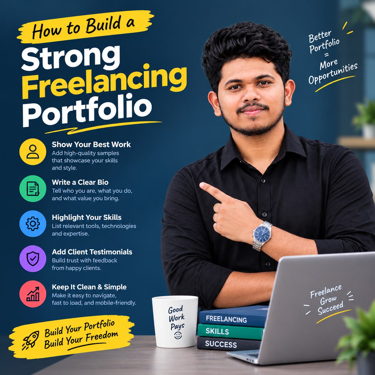 rhzisan's tweet photo. How to Build a Strong Freelancing Portfolio

Your portfolio is your first impression. Showcase your best work, highlight your skills, add testimonials, and keep it professional.

#Freelancing #Portfolio #DigitalMarketing #FreelancerJishan https://t.co/Hl9RlwndVk