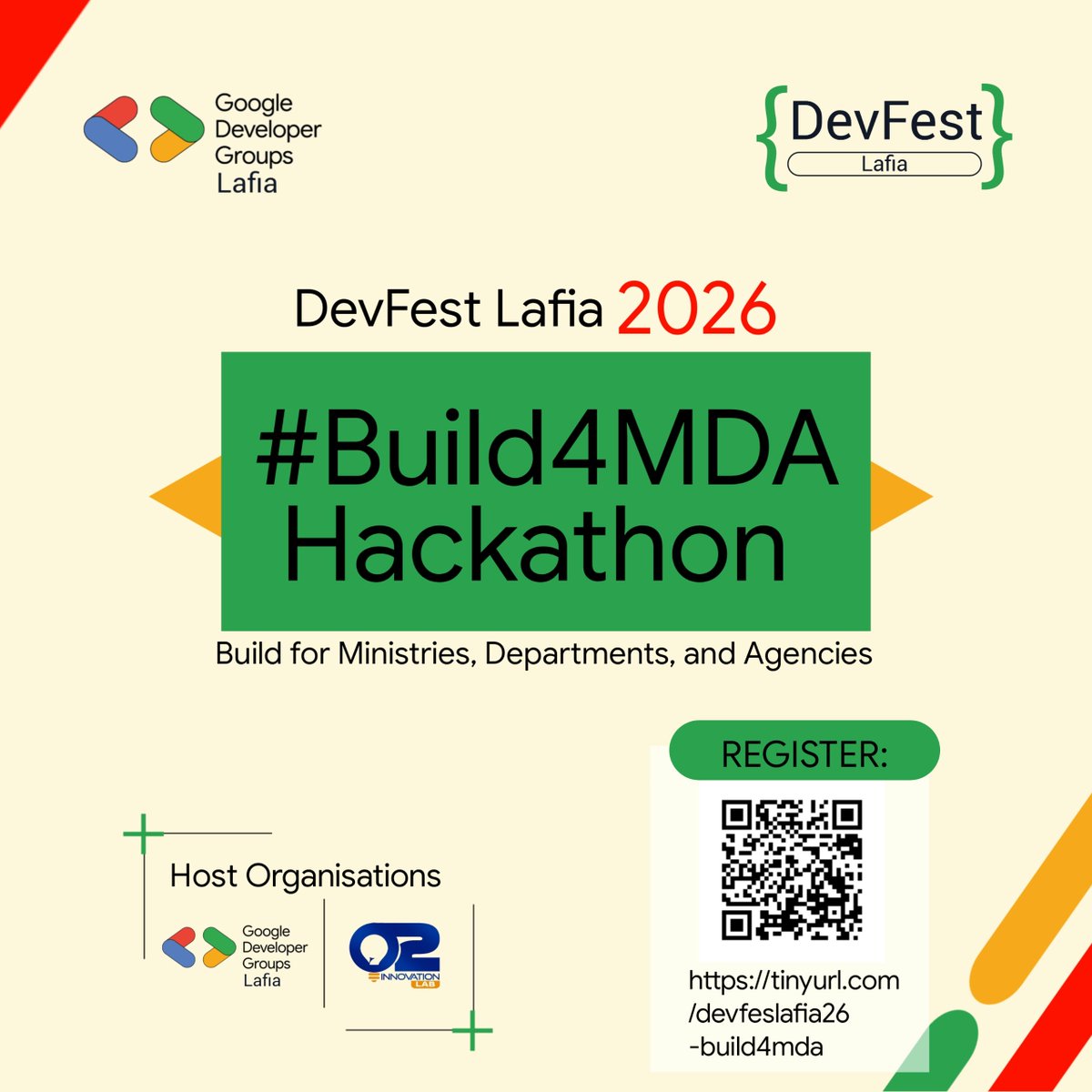 gdglafia's tweet photo. The #Build4MDA Hackathon: DevFest Lafia 2026 is here! 

Developers, designers, and problem-solvers are invited to build practical tech solutions addressing real challenges faced by Ministries, Departments &amp; Agencies (MDAs) in Nasarawa State.
Apply https://t.co/8LxDrZqZ6z https://t.co/eGzHrT90pP