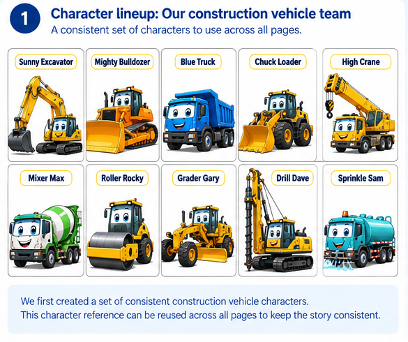 Sophiejayne44's tweet photo. At first I tried making a separate reference image for every vehicle, but too many references made the generations less reliable.

So I switched to one character sheet with the whole construction crew in a single image. https://t.co/8byDOF3tM3