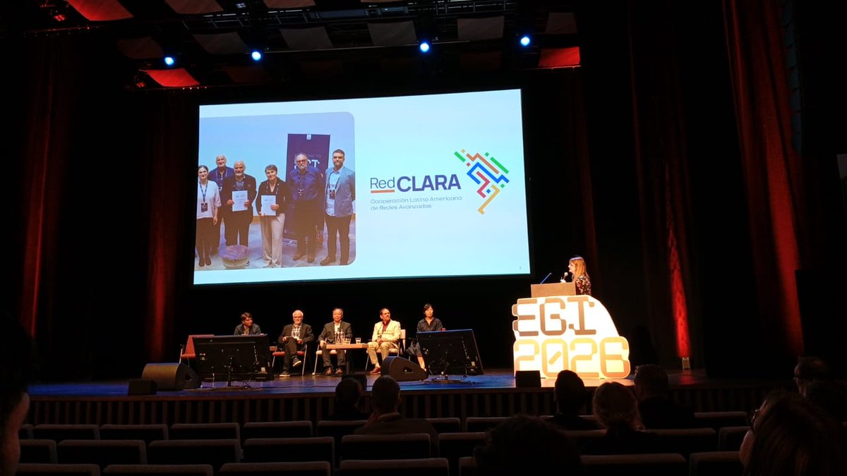 RedCLARA's tweet photo. Hoy, en #EGI Conference 2026, participamos con @markurban2 , de Relaciones Internacionales, en la sesión “Computing for science: International perspectives”,junto a representantes de  ASGC (Taipéi), C-DAC (Nueva Delhi), CNIC CAS (Beijing) y EGI Foundation.
#Cooperación https://t.co/f9MQ3q6Utd