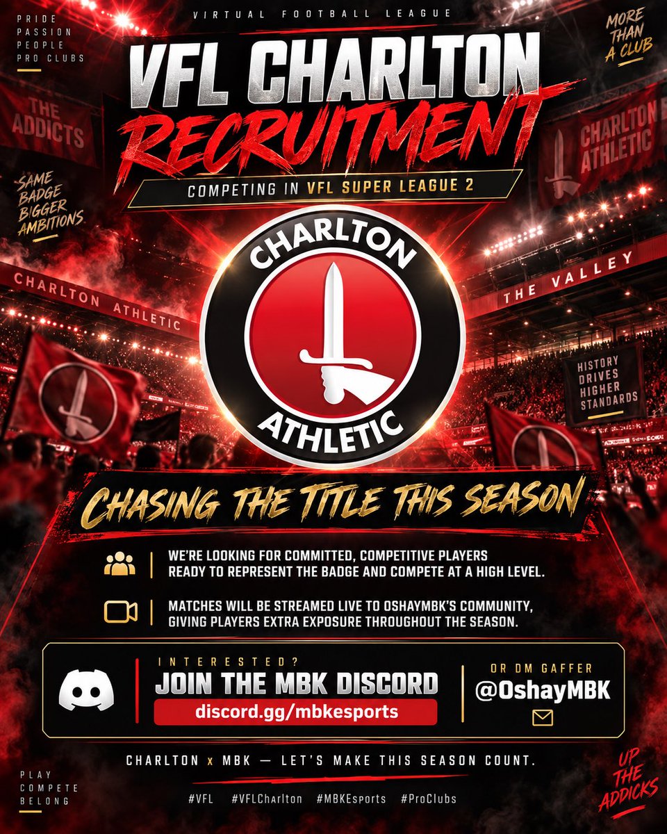 VFLCharltonMBK's tweet photo. 🚨 VFL CHARLTON RECRUITMENT 🚨
Super League 2. One goal: challenge for the title. 🏆
Join the squad, represent the badge &amp; be part of MBK. 🔴⚪ #VFL #MBKEsports
@TheVFL_ 
@MBKEsports https://t.co/gluTfUbeaH