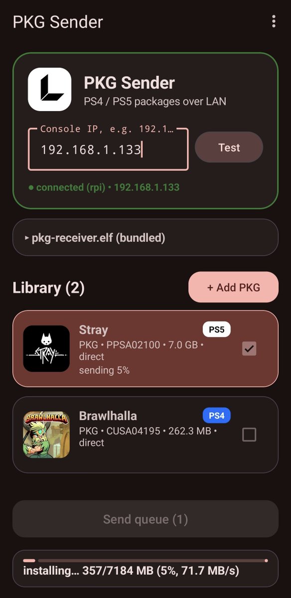 Loopayeh_'s tweet photo. 📱 PKG Sender Android app is out!

Send PS4/PS5 PKGs over LAN straight from your phone — no USB, no PC needed.

Grab `PkgSender-1.0.1-android.apk` from the latest release (v1.2.7):

[PKG Sender v1.2.7](https://t.co/M08EQQorW3)

#PS4 #PS5 #Homebrew https://t.co/Kyx26GHd7W