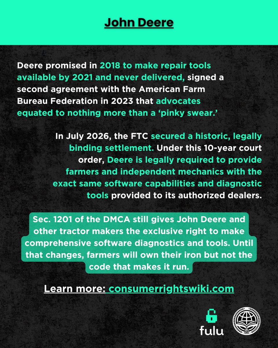 FuluFoundation's tweet photo. Welcome back to the https://t.co/DqtqUG3ugM Hall of Shame. This week, we are shaming John Deere and the high-stakes battle over software ownership and the Right to Repair.

You buy the tractor, but they keep the keys. While a historic July 2026 FTC settlement forces John Deere to share repair software, DMCA loopholes mean farmers still own the iron, not the code.

 Read the full breakdown: https://t.co/ntbJL3Cjs1