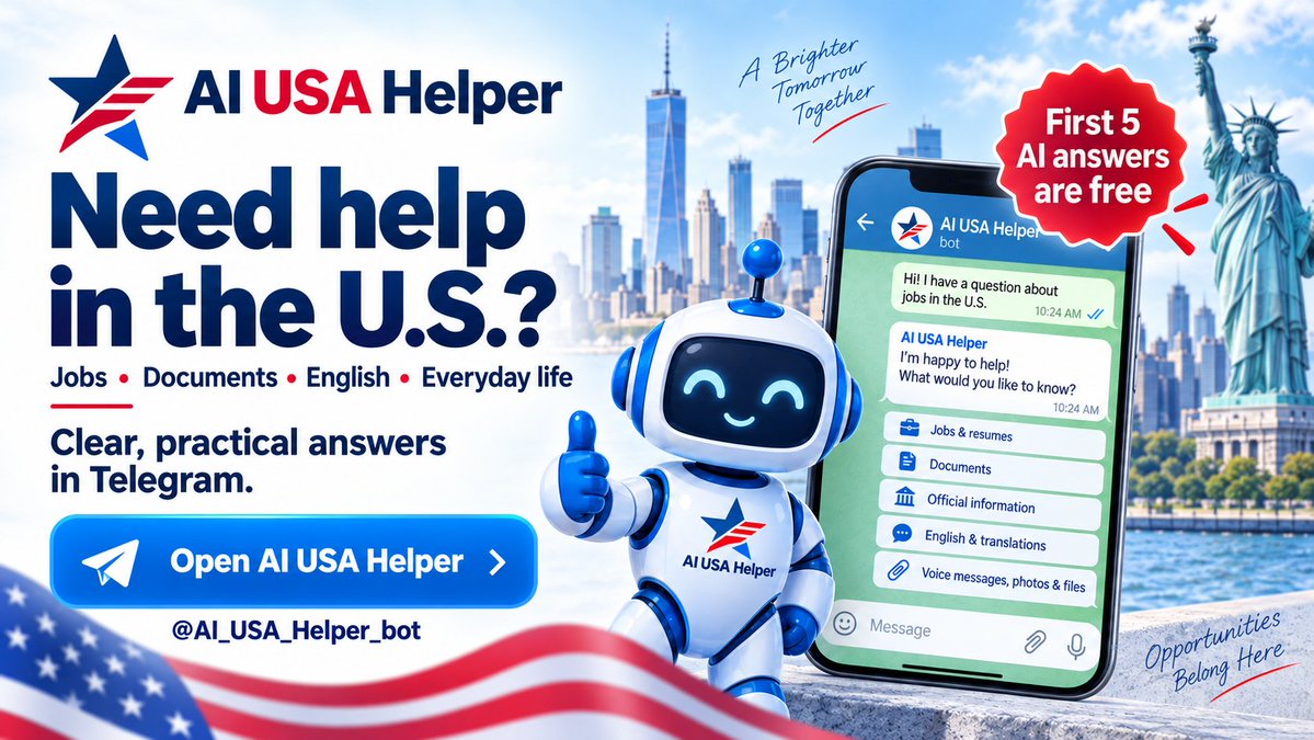 NSpass79's tweet photo. Need help with jobs, documents, English or everyday life in the U.S.?
AI USA Helper gives clear, practical answers in Telegram.
🎁 First 5 AI answers are free:
https://t.co/EdsbFl84c1

#AI #USA #Telegram https://t.co/cLIud6oKWx