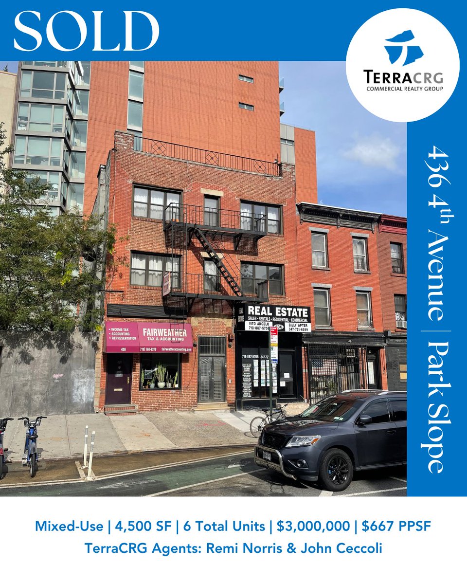 TerraCRG's tweet photo. SOLD | PARK SLOPE
TerraCRG is pleased to announce the successful $3 million sale of 436 4th Avenue, a 4,500 SF #mixeduse property in the heart of #ParkSlope. Congratulations to Remi Norris and John Ceccoli on the transaction.

#OnlyBrooklyn® https://t.co/llwZV9h3Fj