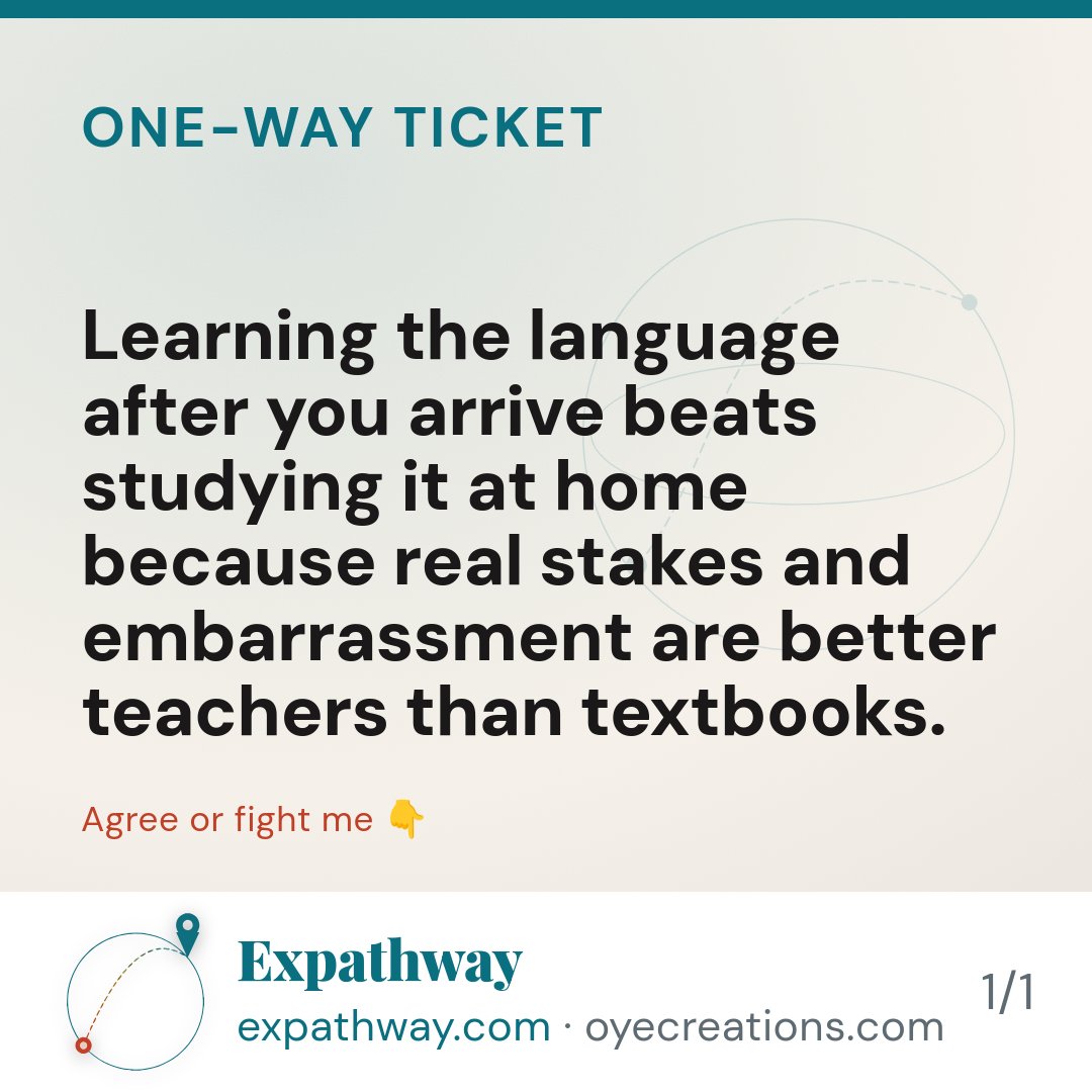 expathway's tweet photo. You can't learn a language from your couch before you move. You learn it by ordering coffee wrong 47 times and laughing at yourself. Disagree?
#expatlife #movingabroad #cultureshock #livingabroad #expattips https://t.co/zwjRxMvsrf
