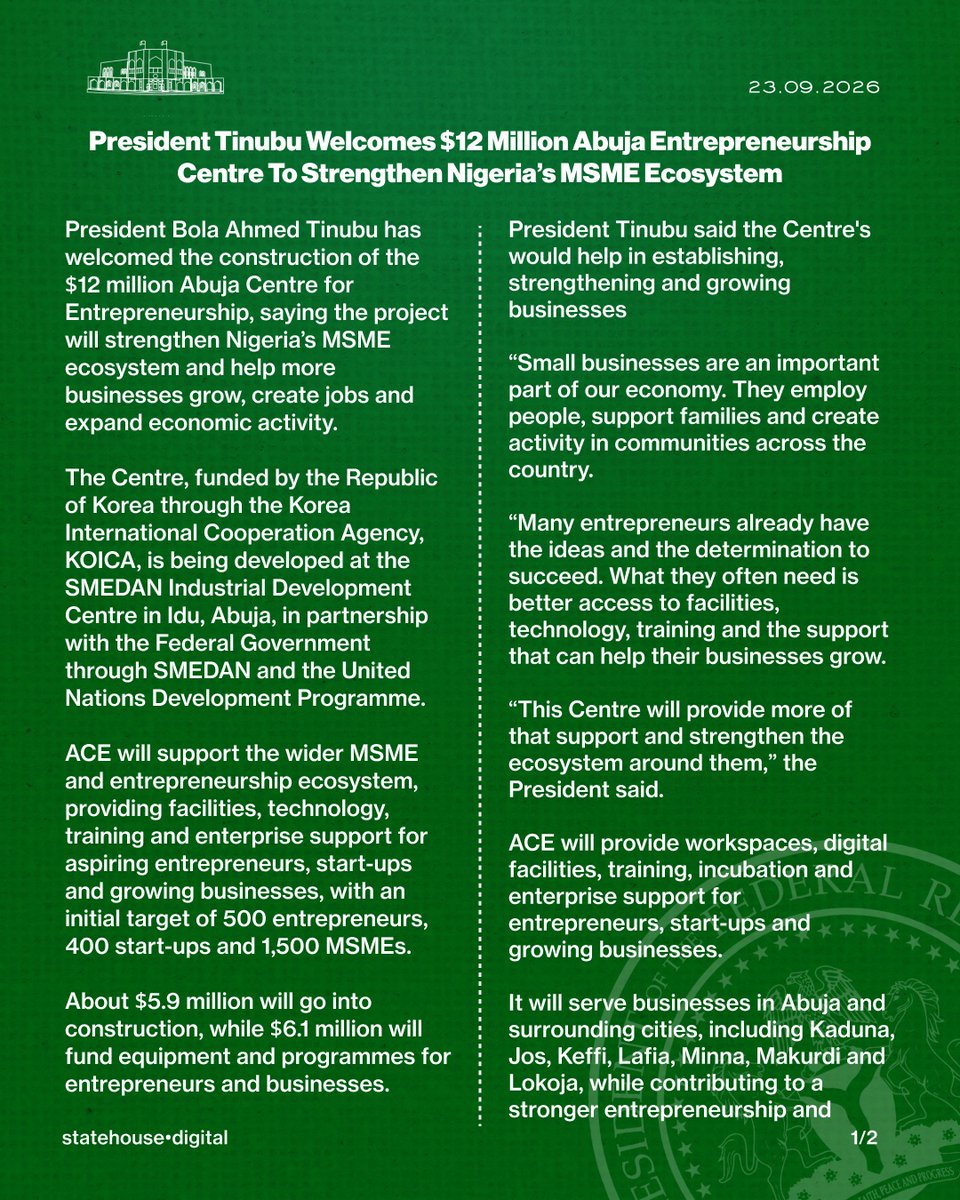 NGRPresident's tweet photo. President Tinubu Welcomes $12 Million Abuja Entrepreneurship Centre To Strengthen Nigeria's MSME Ecosystem. https://t.co/rDFtBz6CJM