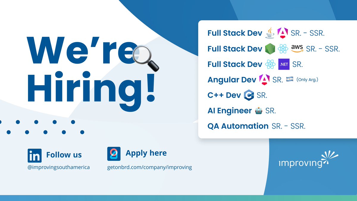 ImprovingSAM's tweet photo. ✨ We're Hiring!

• Full Stack Dev – Java + Angular SR - SSR
• Full Stack Dev – Node.js + React + AWS SR -SSR
• Full Stack Dev – .NET + React SR
• Angular Dev (Only Arg.) SR
• C++ Developer SR
• AI Engineer SR
• QA Automation SR - SSR

#TechJobs #Hiring #LifeAtImproving https://t.co/fUnMIYLMrM