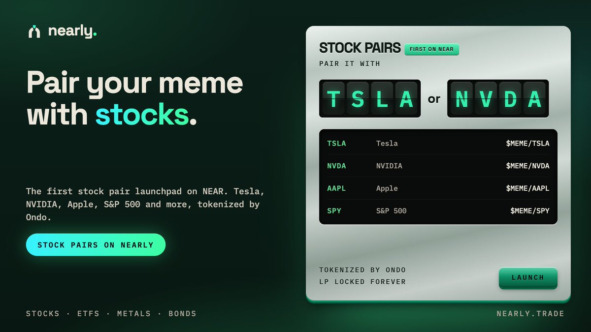 nearlytrade's tweet photo. Launch your coin paired with tokenized stocks
https://t.co/W6LtyKtGG9 https://t.co/9ATjGiLCE0