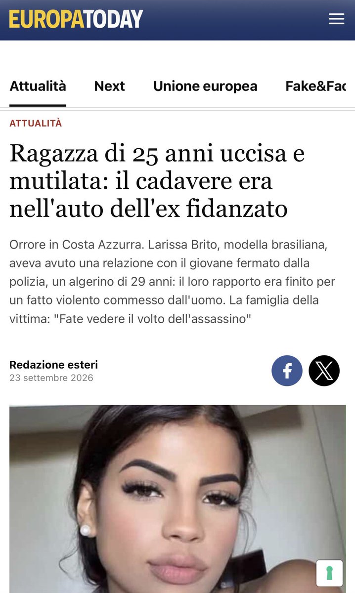 fratotolo2's tweet photo. Ennesima ragazza massacrata e uccisa da un nordafricano 

Nizza, la 25enne modella brasiliana Larissa Brito è stata uccisa e mutilata dall’ex fidanzato, un algerino di 29 anni. https://t.co/k9nuAk4pz9