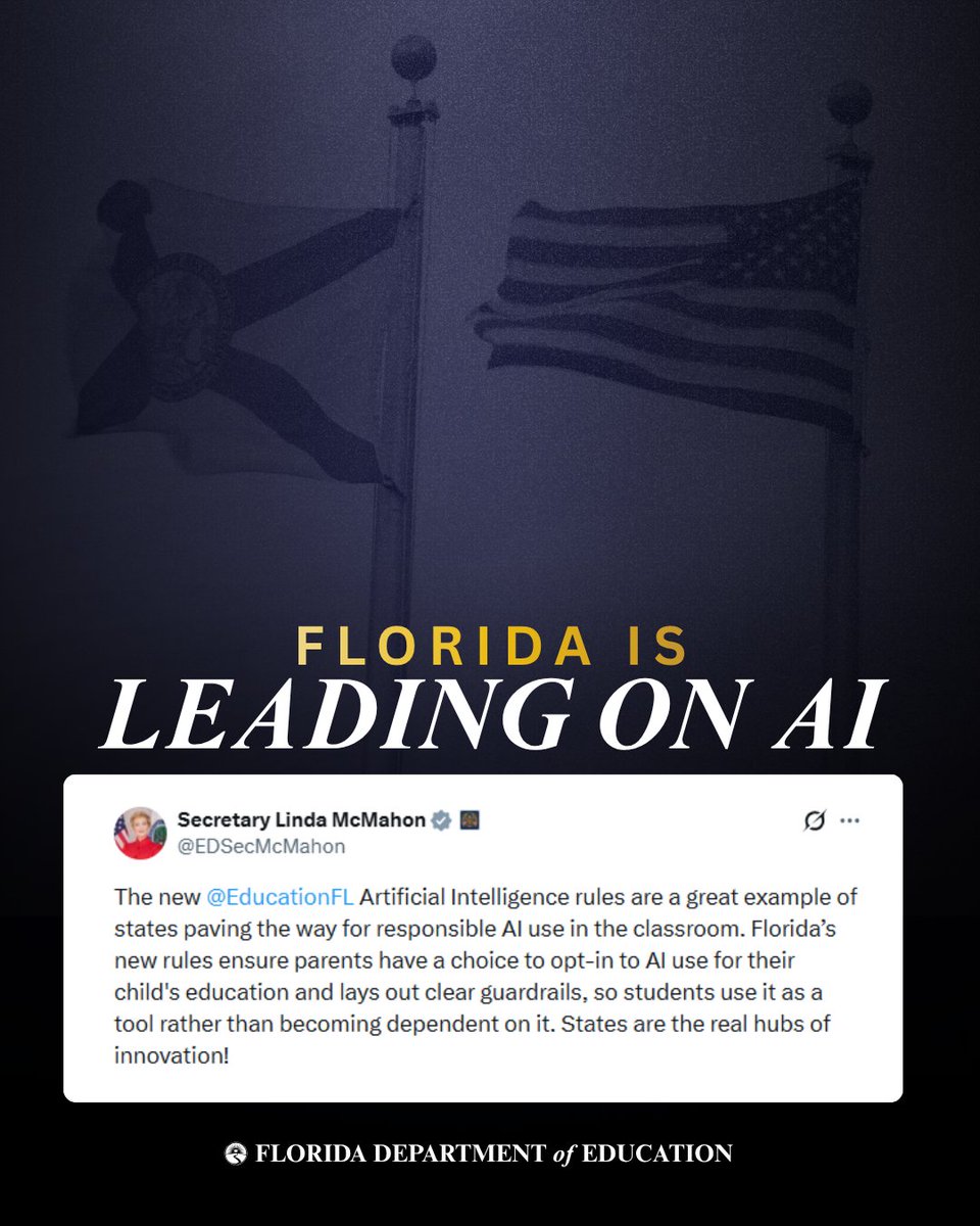 EducationFL's tweet photo. Florida is leading the way on RESPONSIBLE AI use in the classroom. 

Our AI guardrails put PARENTS FIRST, keep teachers at the center of the classroom, and ensure students use AI as a tool to enhance their learning.

Learn more: https://t.co/ynTqeSeg4y https://t.co/Jrob65zGfI