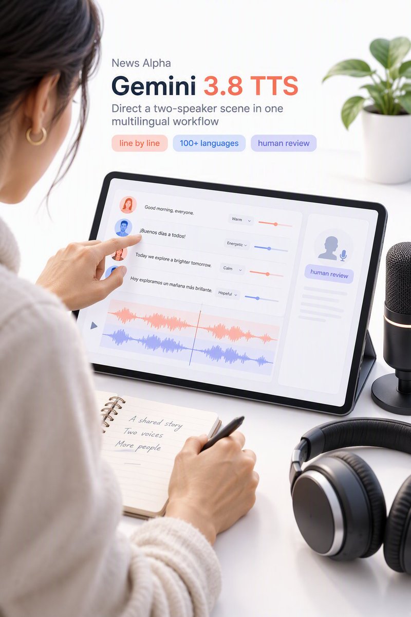 CockerillBill's tweet photo. Google is rolling out Gemini 3.8 Flash TTS with custom voice creation and line-by-line direction, pushing text-to-speech closer to directed audio production.

📰 Google also launched the cheaper Flash-Lite TTS for high-volume jobs. The models support 100+ languages and 2,000+ voices, can stage two-speaker scenes from one script, and require rights plus a matching verbal consent recording for voice replication; every clip is watermarked with SynthID.

🫵 If you run dubbing, podcast, game, or voice-agent workflows, this could cut the back-and-forth of stitching together separate voice, editing, and localization tools. A producer or developer may now be able to prompt a voice, direct pacing and emotion line by line, and generate longer multilingual scenes in one workflow.

📈 Alphabet's upside here is more Gemini API and AI Studio usage in media-localization and voice-agent workloads, which could help paid adoption if developers stick with the stack beyond testing. The countercase is that Google disclosed no pricing or usage data and Gemini Enterprise API access is still coming soon. Historical context: GOOGL closed at $340.66 on September 23, 2026, down 2.13% from $348.06 on August 24, 2026.