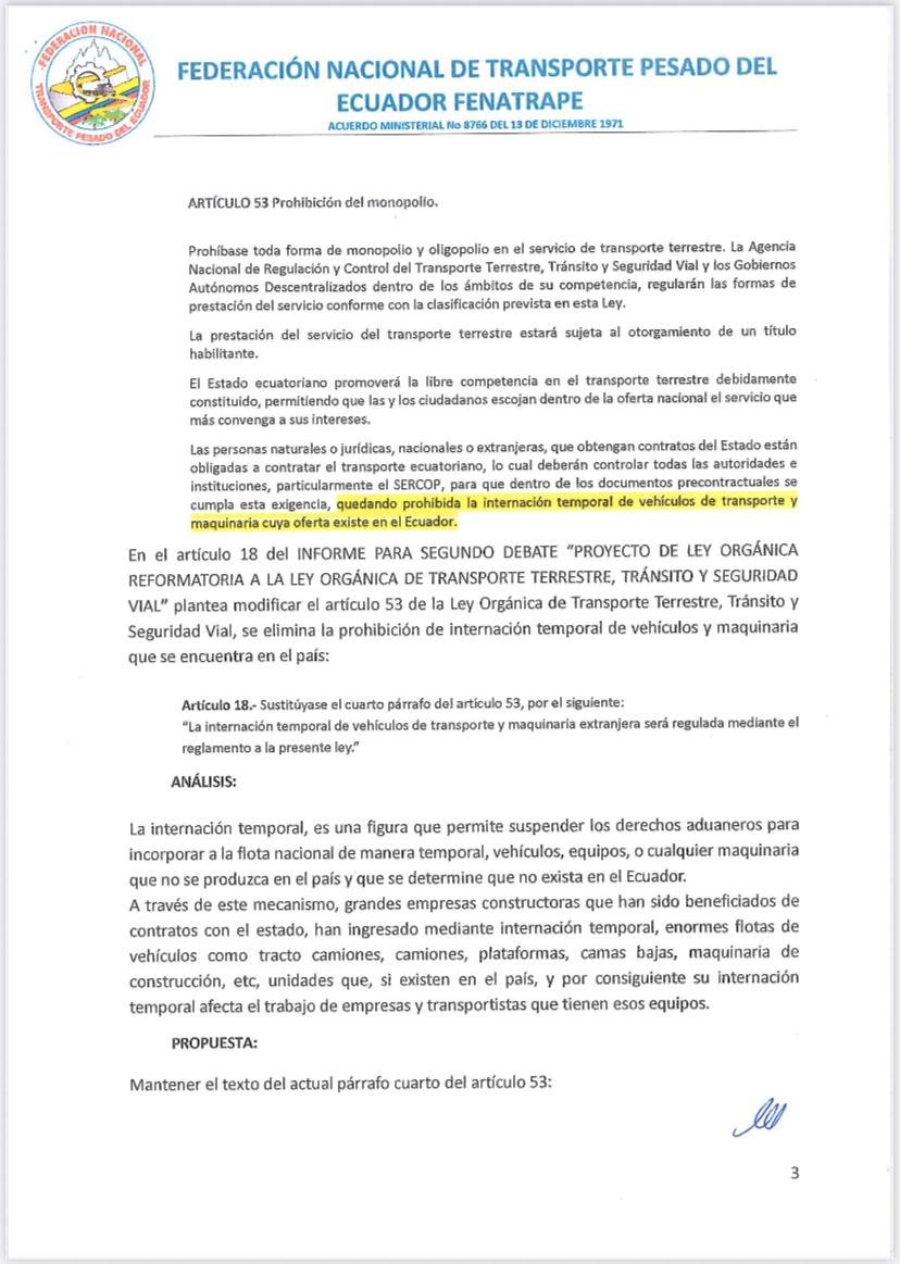 FenatrapeEC's tweet photo. El presidente FENATRAPE Ec. Carlos Cueva envió, el pasado 8 de septiembre de 2026, al presidente, @DanielNoboaOk, la solicitud para vetar artículos de la reforma Ley de Tránsito, aprobada por @AsambleaEcuador, el 3 de septiembre de 2026.

@MIT_Ecuador
https://t.co/rqVfCdThKq https://t.co/xScPqw3yMn