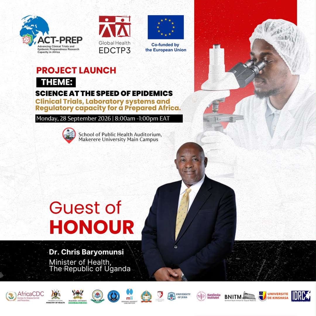 Makerere's tweet photo. Makerere University School of Public Health (@MakSPH) and its consortium partners warmly invite you to the official launch of the ACT-PREP Project — Advancing Clinical Trials and Epidemic Preparedness Research Capacity in Africa (@ACTPREPCON_), a five-year initiative funded by the European Union through the @EDCTP3 Joint Undertaking. 

Date and Time: Sep 28, 2026 starting 08:45 AM EAT

Theme: Science at the Speed of Epidemics: Clinical Trials, Laboratory systems and Regulatory capacity for a Prepared Africa. 

Venue: @MakSPH Auditorium.

Register to participate online: https://t.co/5QpSwMZnre.