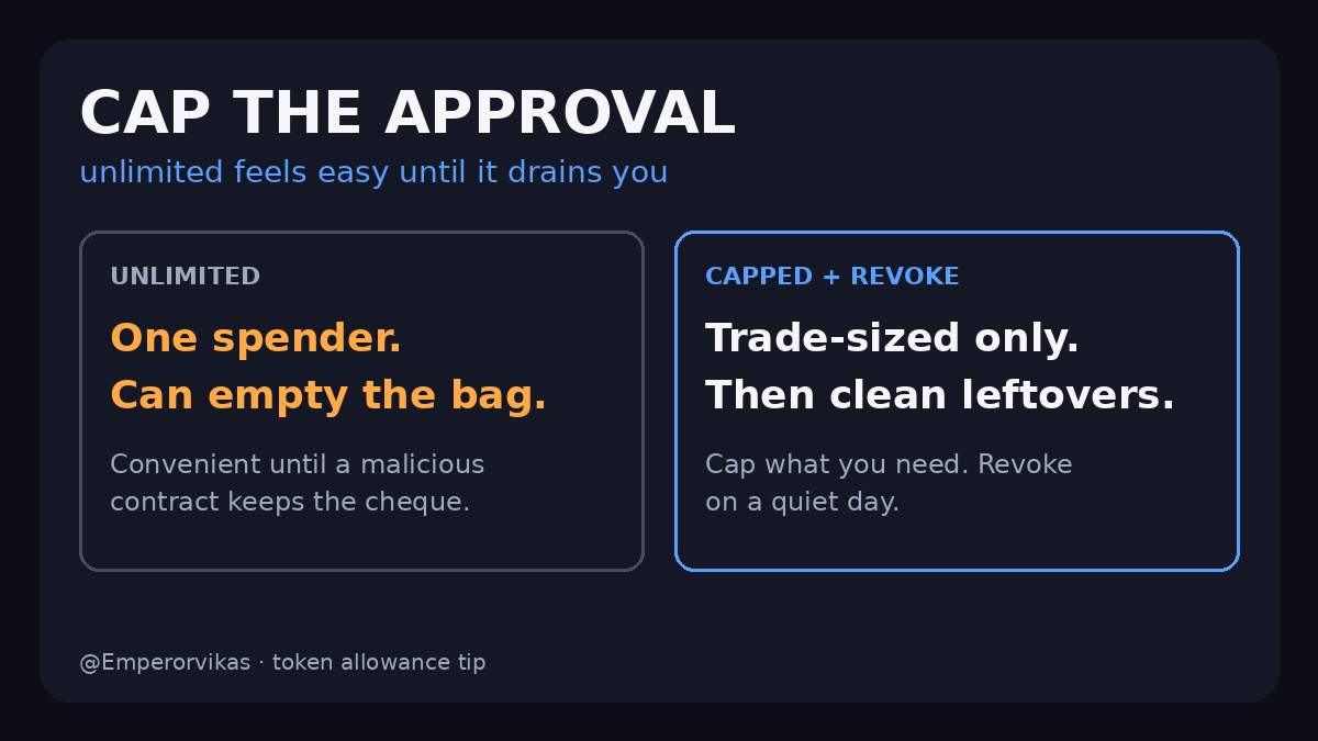 Emperorvikas's tweet photo. Unlimited token allowances feel convenient until one malicious spender drains the bag.

Cap approvals to what you need for the trade, then revoke leftovers on a quiet day. https://t.co/KRfJ34yvhy