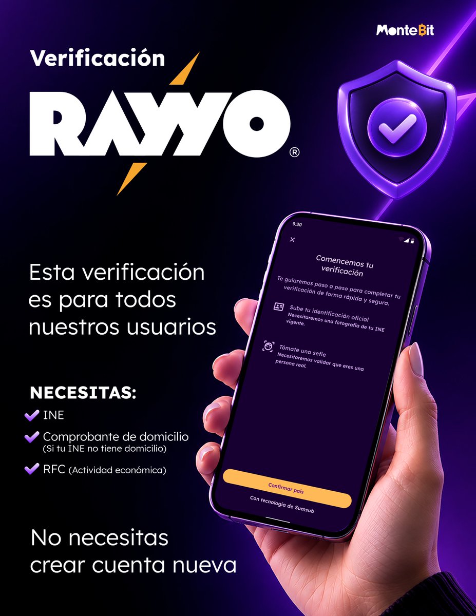RayyoApp's tweet photo. 💜 Gracias a nuestros usuarios RAYYO 📲⚡️ que ya hicieron su verificación  🙌 ✔️
Si aún no la haz hecho, solo te tomará unos minutos.

#bitcoin #btc #wallet #bitcoinmexico #mexico #app #rayyoapp #rayyowallet https://t.co/ePZzlB1Bd5