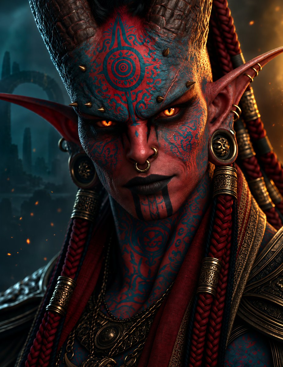 ThatsDesignArt's tweet photo. Kael Vhar, The Embermarked 🔥
His skin bears oaths no tongue could name,
His eyes still carry the ancient flame.
No throne could own him, no god command,
He carved his fate with his own hand. ⚔️
#DarkFantasy #DemonWarrior #FantasyPortrait #midjourney #midjourneyart #aiart https://t.co/HzxOli2ur1