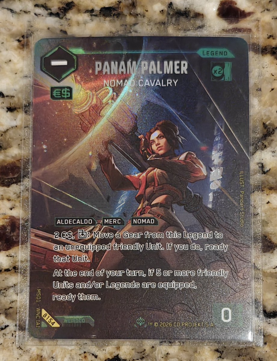 Adonis_Allan's tweet photo. Cyberpunk TCG Card of the Day🌆
Panam Palmer: Nomad Cavalry - Iconic Legend
Two jobs:
Pay 2€$ and tip her sideways: move a Gear off her onto one of your Units that has no Gear, and stand that Unit back up.
End of your turn: if 5+ of your Units/Legends are wearing Gear, stand them all back up.
She’s a gear engine Legend, load people up, recycle equipment, untap a stacked board.
#CTCG