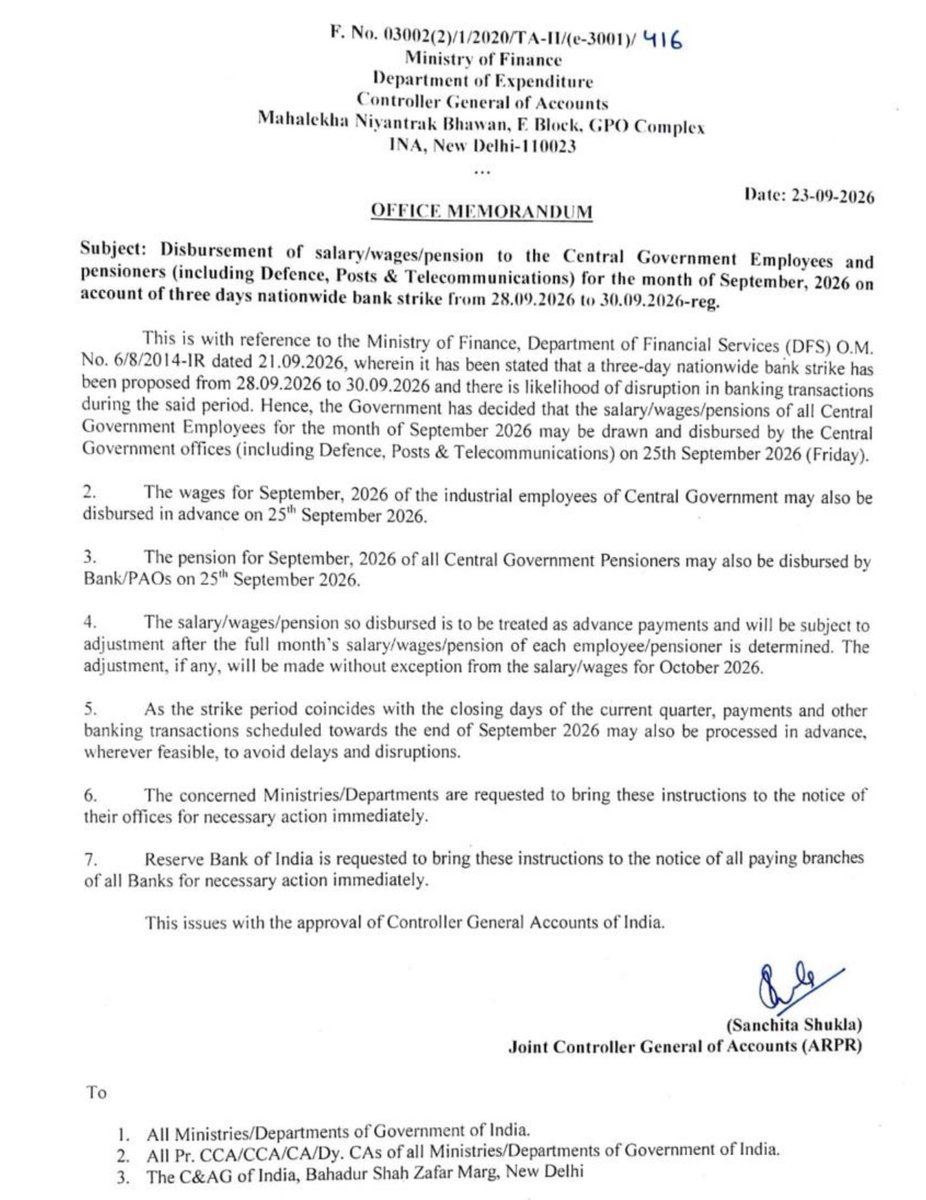 8thpaycommision's tweet photo. September Salary & Pension Early
Due to the proposed 3-day nationwide bank strike from 28–30 September 2026, the September 2026 salary, wages and pension of Central Government employees and pensioners will be paid early on 25 September 2026 to avoid banking disruptions. 
#CentralGovtemployees