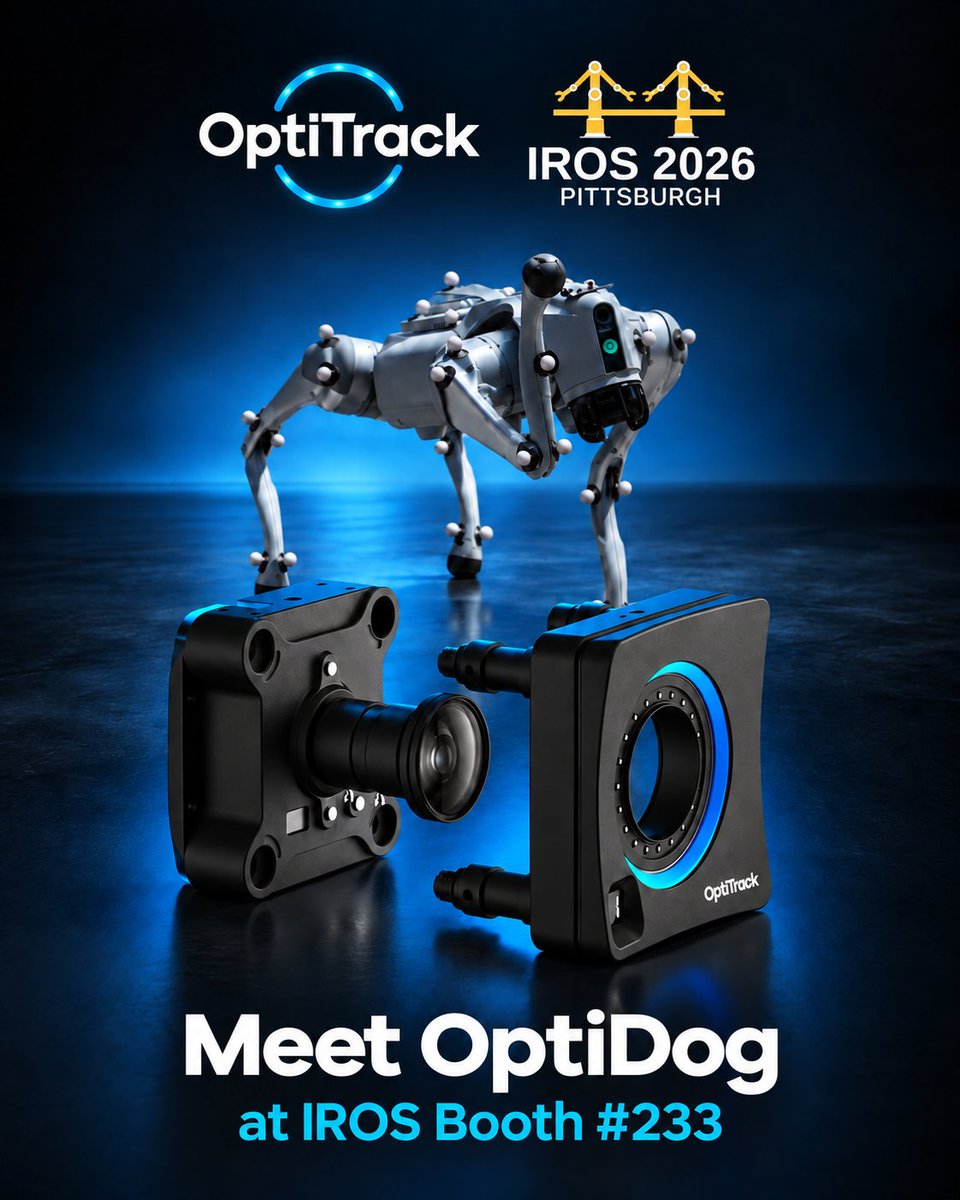 optitrack's tweet photo. Ground truth for robotics, live at IROS next week 🐾

Meet OptiDog at Booth #233 and see precision motion capture in action. Stop by to meet the OptiTrack team, talk robotics, and get a practical look at how you can bring precision motion data into your own robotics applications - from studying locomotion to validating robot performance.

See you in Pittsburgh!

#IROS2026 #OptiTrack #Robotics #MotionCapture
