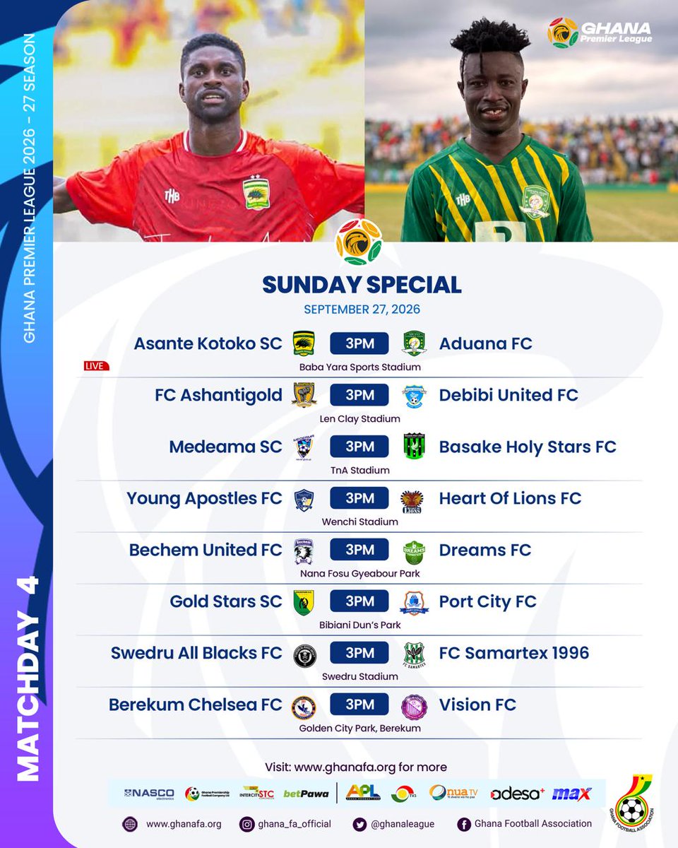 GhanaLeague's tweet photo. 🚨⚽8 games on Sunday Special 4.0

Predict one score-line for a special mention...

#GPL #GPLMW4 https://t.co/mDwefX0ubg