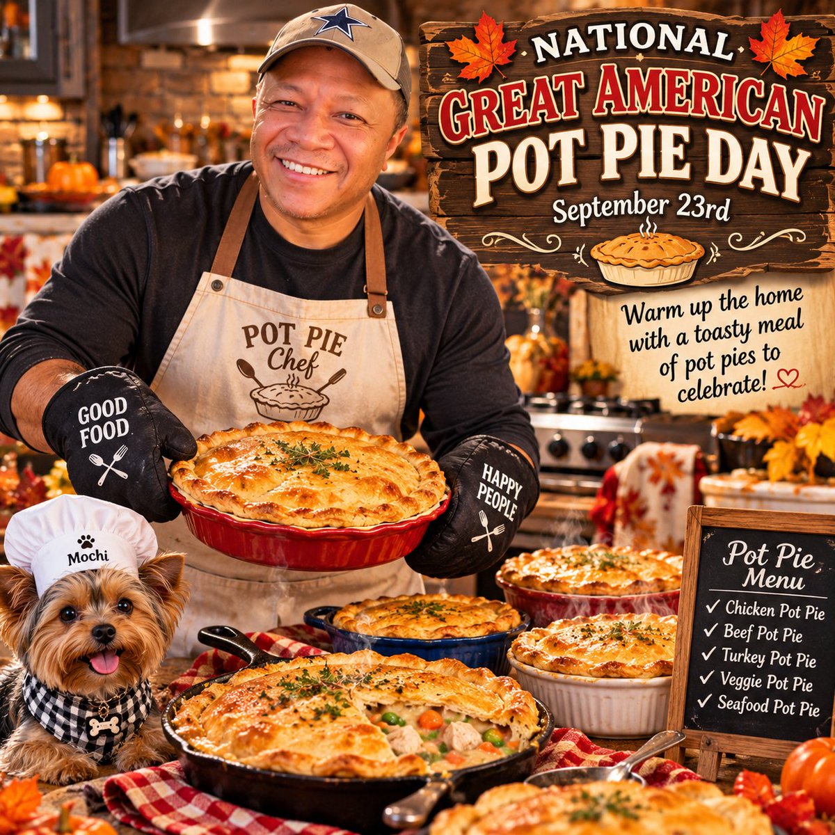 TimothyTalley17's tweet photo. 🥧NATIONAL GREAT AMERICAN POT PIE DAY🥧
National Great American Pot Pie Day cooks up a toasty meal on September 23. Warm up the home with a toasty meal of pot pies to celebrate!🥧 https://t.co/rP0V6PNiQ6 https://t.co/qHXlLMEUbx