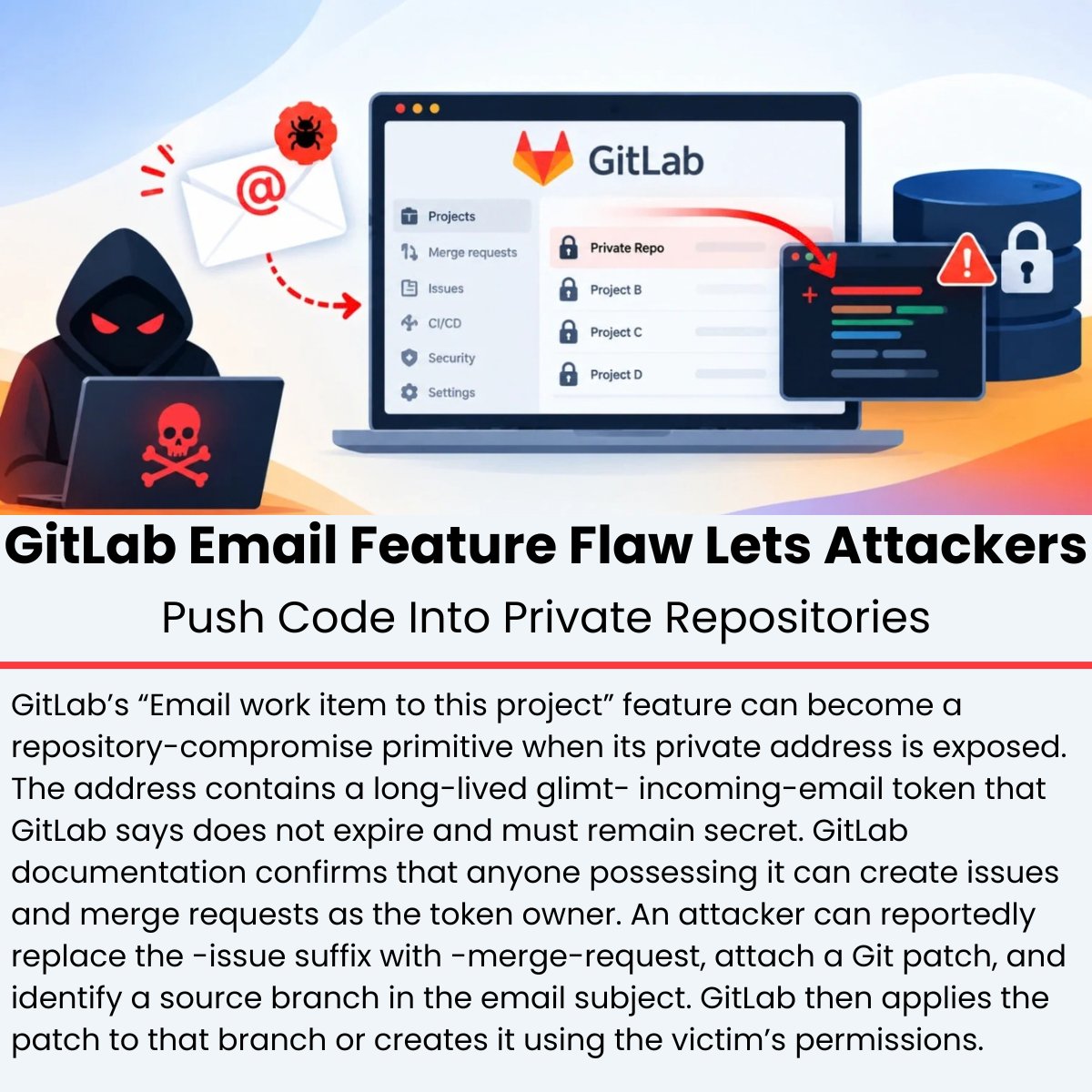 The_Cyber_News's tweet photo. ‼️ GitLab Email Feature Vulnerability Lets Attackers Push Code Into Private Repositories

Details: https://t.co/jFpj0iI6xU

GitLab’s “Email work item to this project” feature can become a repository-compromise primitive when its private address is exposed, according to research published by @AikidoSecurity  researcher Joe Leon on September 23, 2026. 

The address contains a long-lived glimt- incoming-email token that GitLab says does not expire and must remain secret. GitLab documentation confirms that anyone possessing it can create issues and merge requests as the token owner. 

An attacker can reportedly replace the -issue suffix with -merge-request, attach a Git patch, and identify a source branch in the email subject. GitLab then applies the patch to that branch or creates it using the victim’s permissions.

#cybersecuritynews