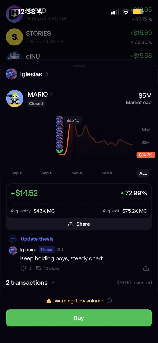 LightningFut's tweet photo. @pr6spr Thanks for the post, I actually never bothered with doing research, the only time I did it was with a Mario coin, got in at 43k but left at not even a 2x cuz at the time I had no conviction, the coin ended up reaching 5million market cap, my 20 dollars would have turned to 2k 🙂 https://t.co/L3jt7WWa25
