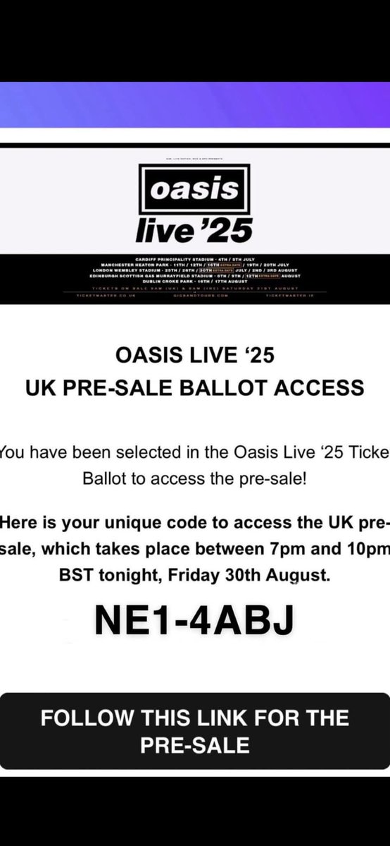 Jamie670511's tweet photo. Just got my oasis pre-sale code.

Thought they weren’t getting sent until tomorrow.

#oasis27 #presale https://t.co/mCVb2cYTrP