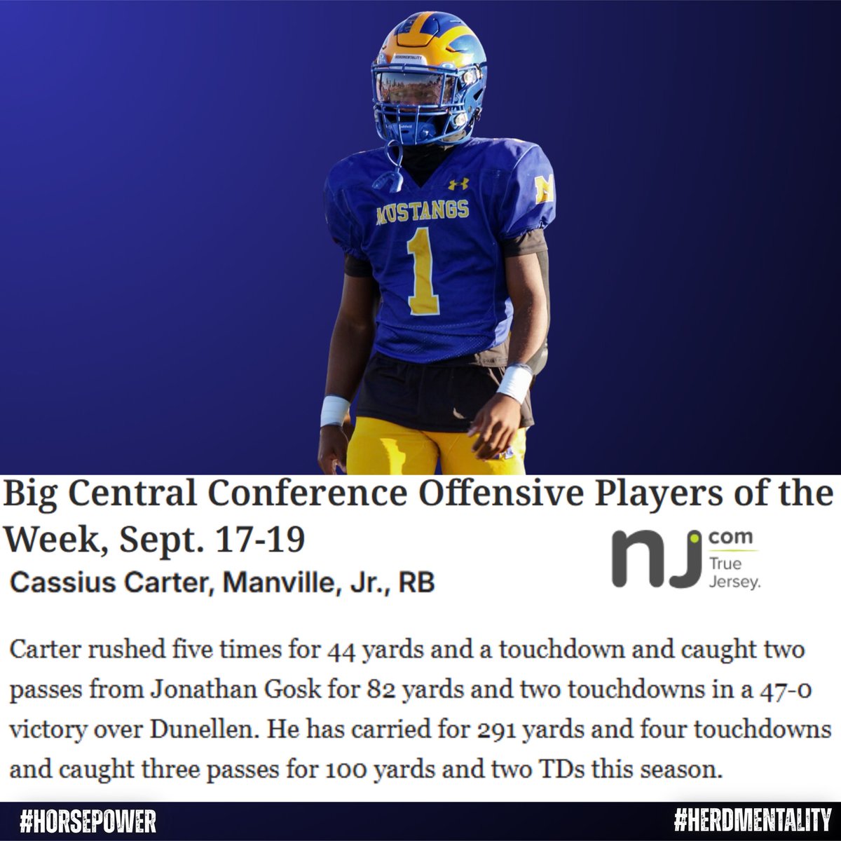 MHSGRIDIRON26's tweet photo. Congratulations to Cassius on being named one of the BCC’s Offensive Players of the Week by @HSSportsNJ
#Horsepower #HerdMentality #TourneyTough #MustangCountry #NJFootball https://t.co/S9iHDlRYNR