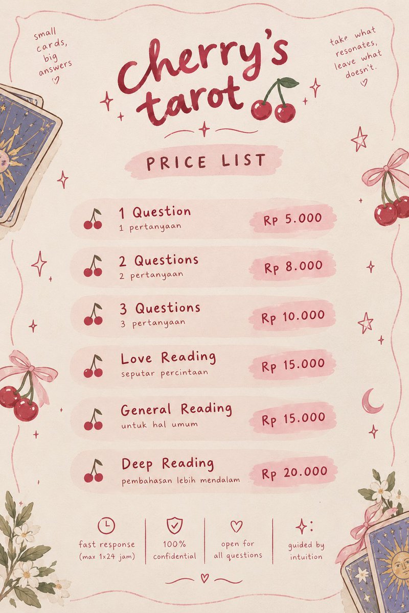 cherry_readings's tweet photo. 🍒 Cherry’s Tarot is here.

Affordable tarot reading starting from Rp5.000 🔮
Take what resonates, leave what doesn’t. ♡

📩 Open for orders — DM to book your reading.

#tarot #zonauangㅤ https://t.co/vQD4kLOFCS
