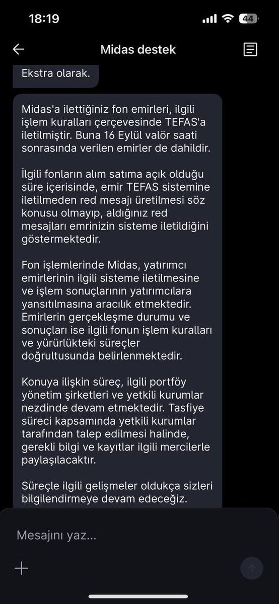 fonunmagdurlari's tweet photo. 🚨 MİDAS'TAN RED YİYEN TÜM FON YATIRIMCILARININ DİKKATİNE!

Ekstrede emir numarası çıkmadığı için mağdur olan arkadaşlarımız Midas Canlı Destek'ten resmi referans numaralarını ve çok kritik bir yazılı itirafı almaya başladı!Midas Destek'ten gelen resmi açıklama: "Emir TEFAS sistemine iletilmeden red mesajı üretilmesi söz konusu olmayıp, aldığınız red mesajları emrinizin sisteme iletildiğini göstermektedir."Bu ne anlama geliyor? SPK 2026/61 sayılı bültenine göre 17 Eylül 13:30 öncesi TEFAS'a iletilmiş olan tüm emirler "ÖNCELİKLİ FON BORCUDUR" ve tasfiye beklenmeden ilk nakitle ödenmek zorundadır!

📲 Referans numaranızı nasıl alırsınız?

1. Midas Destek'e girin, bota 2 kez "Müşteri hizmetlerine bağlanmak istiyorum" yazın.

2. Bağlanınca: "16-17 Eylül'de reddedilen fon satış emrimin Midas referans numarasını talep ediyorum" deyin.

3.Size verilen kodun ekran görüntüsünü alın.

Bu kodu ve ekran görüntüsünü platformumuzdaki Şablon 2 (CİMER) ve Şablon 6 (Tasfiye Bankası Öncelikli Alacak) dilekçelerine ekleyin!

Hazır şablonlar ve rehber: https://t.co/uynIzCiE0L

Hakkımızı söke söke alacağız! Yayalım! 🔁 

#fonmağdurları #TEFAS #Midas