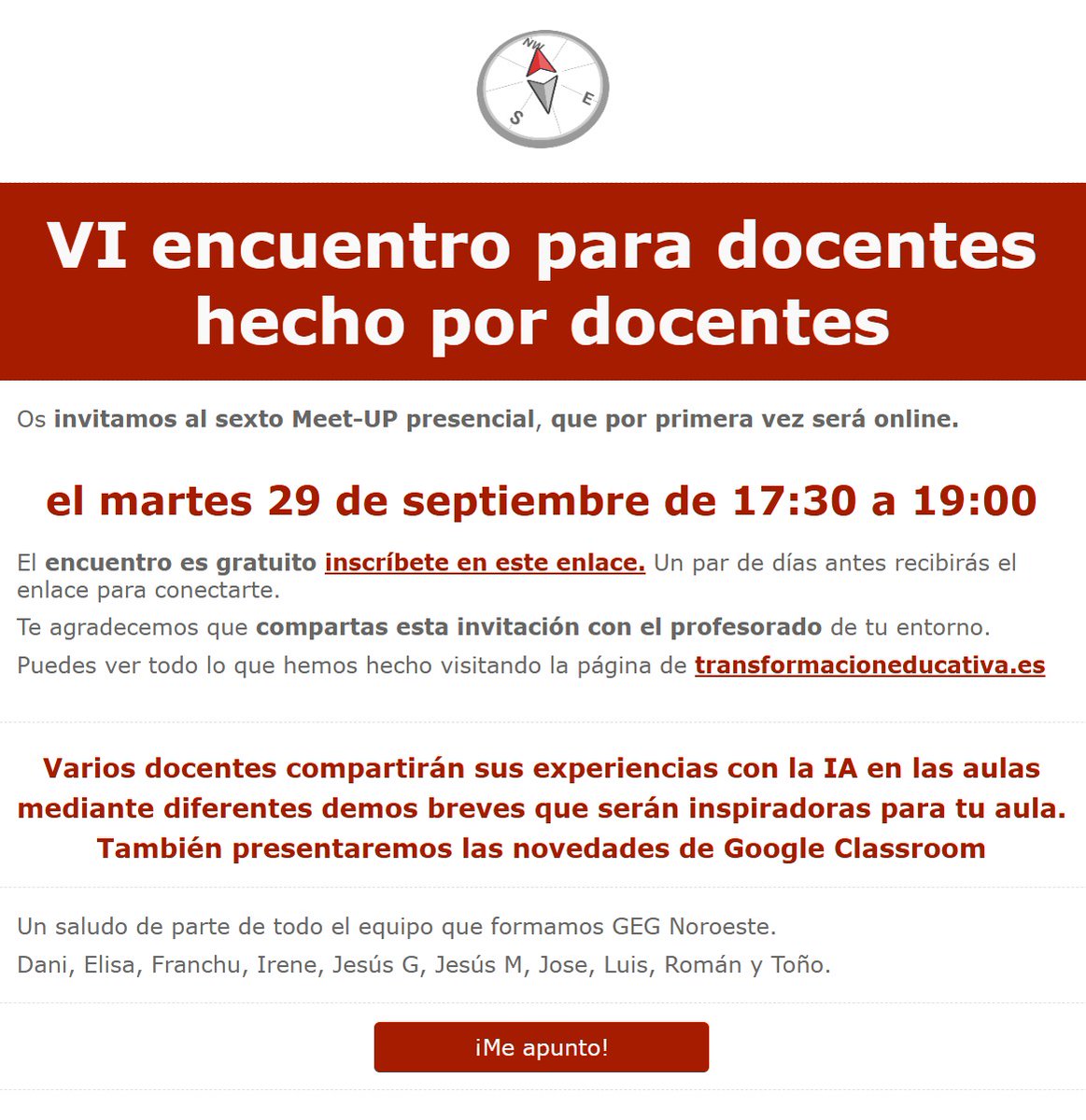 daravelo's tweet photo. VI Meet Up online #GEGNoroeste
El martes 29 de septiembre de 17:30 a 19:00 varios docentes compartirán sus experiencias inspiradoras con la IA en las aulas con diferentes demos breves. https://t.co/6CjRQssddp