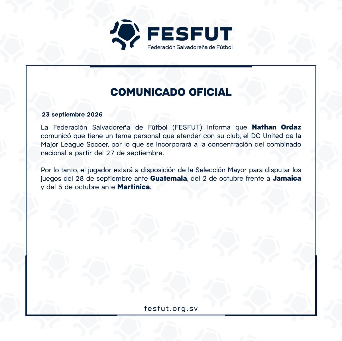 elgraficionado's tweet photo. FESFUT confirma ausencia de Nathan Ordaz. 📍

🇸🇻 El delantero del DC United informó que debe atender un tema personal con su club y se sumará posteriormente a la concentración de la selección de El Salvador. https://t.co/ziPElgyuUk