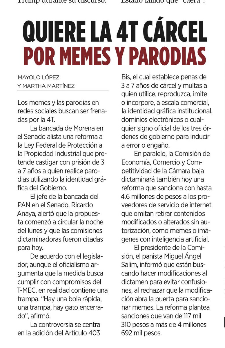 DeniseDresserG's tweet photo. Hasta 7 años de cárcel. Por usar, reproducir o imitar símbolos oficiales “para inducir a error o engaño”. Y sin blindar expresamente la sátira, la parodia, la caricatura o la crítica política. Una democracia segura de sí misma tolera el meme.
Un poder autoritario e inseguro intenta regularlo.

La 4T no debería abrir la puerta para criminalizar la burla al poder.