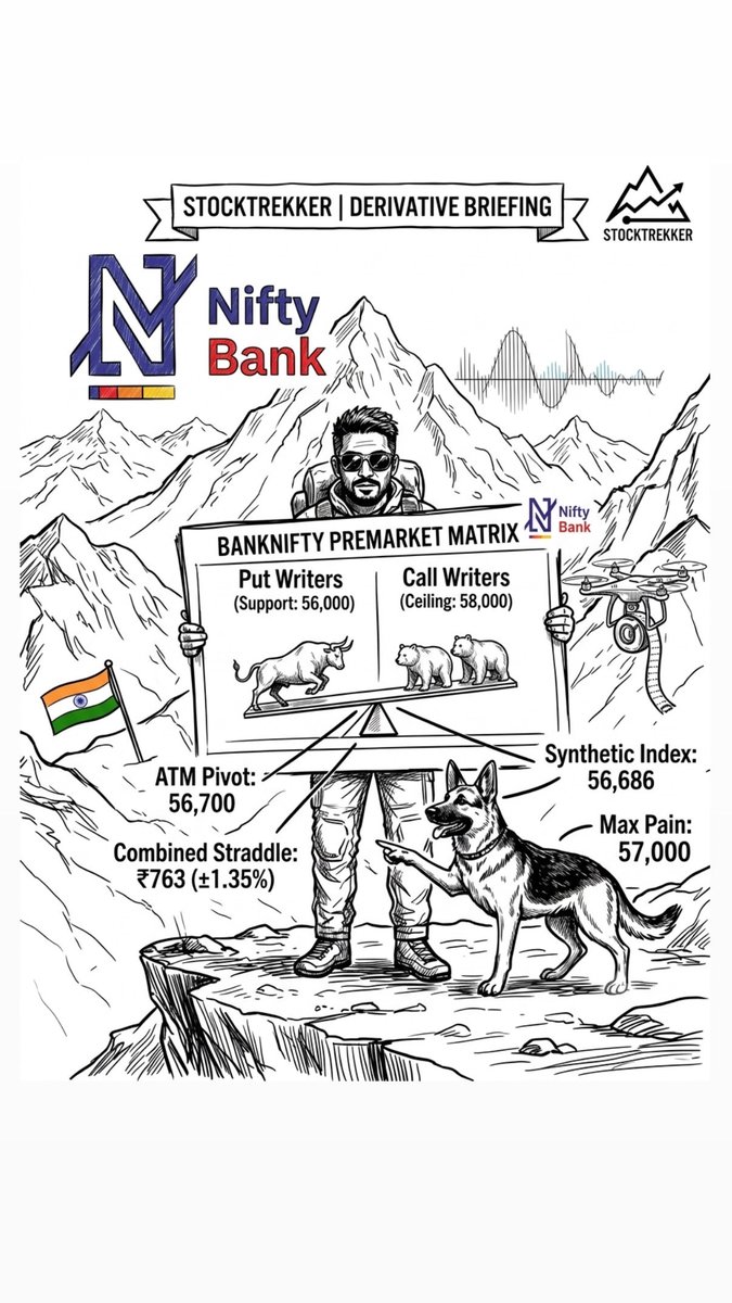 stocktrekker's tweet photo. Centered right on the 56,700 strike, the combined At-The-Money (ATM) straddle premium is priced at ₹763 (±1.35%). Market makers have budgeted this exact mathematical dispersion corridor between 55,937 (lower floor) and 57,463 (upper ceiling). 

#NiftyBank #OptionChain #Options https://t.co/Xg5EQdcGOZ