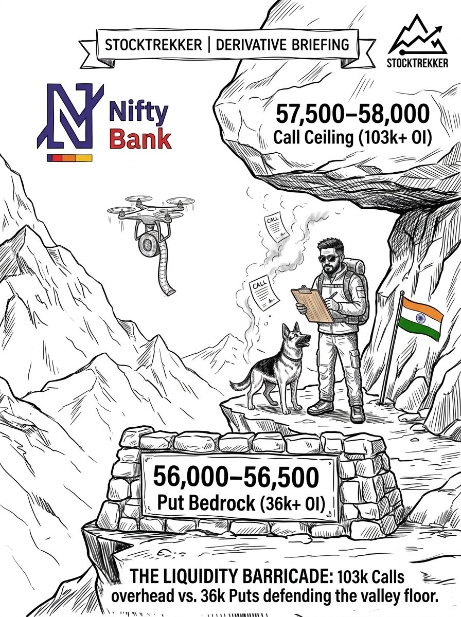 stocktrekker's tweet photo. Overhead supply is heavily stacked across the 57,500 and 58,000 strikes, where institutional Call writers have parked inventory to collect theta decay. On the downside, put sellers have fortified an unyielding safety net at the 56,000–56,500 Put Bedrock. 

#IndianStockMarket https://t.co/oO38IaN7bA
