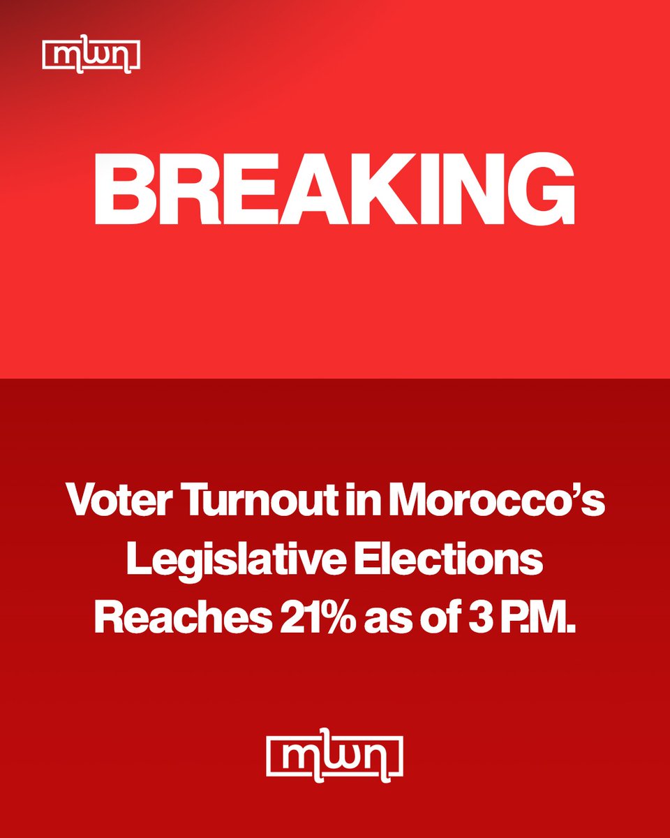 MoroccoWNews's tweet photo. Morocco’s Interior Ministry said voter turnout in Morocco’s legislative #elections reached 21% as of 3 p.m.

The Interior Ministry said the elections to elect members of the House of Representatives are continuing across the country.

The ministry confirmed the voting process is taking place under normal conditions.

Reports emphasized a large #turnout at polling stations across the country.

The House of Representatives is the lower chamber of Morocco's parliament, with 395 seats elected by citizens for five-year terms. The role of the chamber is to share legislative power with the upper house, or the House of Councillors, voting on bills and overseeing government actions.

King #MohammedVI appoints the Head of Government from the political party that wins the most seats in the House.

#Morocco #MoroccoElections #2026Elections #LegislativeElections #Election2026 #VoterTurnout