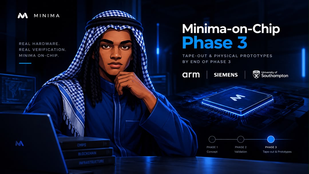 ThatzXavi3rr's tweet photo. Minima is targeting physical chip prototypes by the end of Phase 3

Arm, Siemens, and the University of Southampton are all involved

this just got very real

so there’s a line in Minima’s Q3 update that caught my attention because it changes how i think about the Minima on Chip programme.

Phase 3 has now been confirmed, with the programme targeting two major outcomes:

tape out and physical prototypes

if you’re not familiar with chip development, tape out basically means the chip design has reached the point where it’s sent to a manufacturer to be physically produced

and physical prototypes means actual silicon

this is different from another simulation, and it is not another research paper

it is an actual hardware with Minima’s verification capabilities designed into it

this is undoubtedly a pretty significant jump from where this programme started

Phase 1 and Phase 2 were about proving that Minima could run on low power embedded hardware and validating the architecture

this Phase 3 is about taking what worked and pushing it toward custom silicon

and the partners make this even more interesting

Arm brings the chip architecture already used across smartphones, vehicles and embedded systems

Siemens brings experience across industrial automation, energy infrastructure and connected systems

the University of Southampton brings the research side of the programme.

so this isn’t Minima trying to build a chip in isolation

it’s working with organisations that already operate across the hardware and industrial stack

and if Minima eventually gets its verification capabilities into production silicon, the results are pretty interesting

a device wouldn’t necessarily need to install a separate software layer to participate in the network

the verification capability could exist at the hardware level itself

that’s the bigger idea behind Minima on Chip.

it’s not just about putting Minima on more devices

but making the hardware itself part of the infrastructure

i don’t know exactly what the final prototype will look like, or how quickly this moves from prototype to commercial deployment

but tape out by the end of Phase 3 is the milestone that makes this feel considerably less theoretical

we’re no longer just talking about whether Minima can run on a chip.

we’re talking about whether Minima can help make the chip part of the network.
