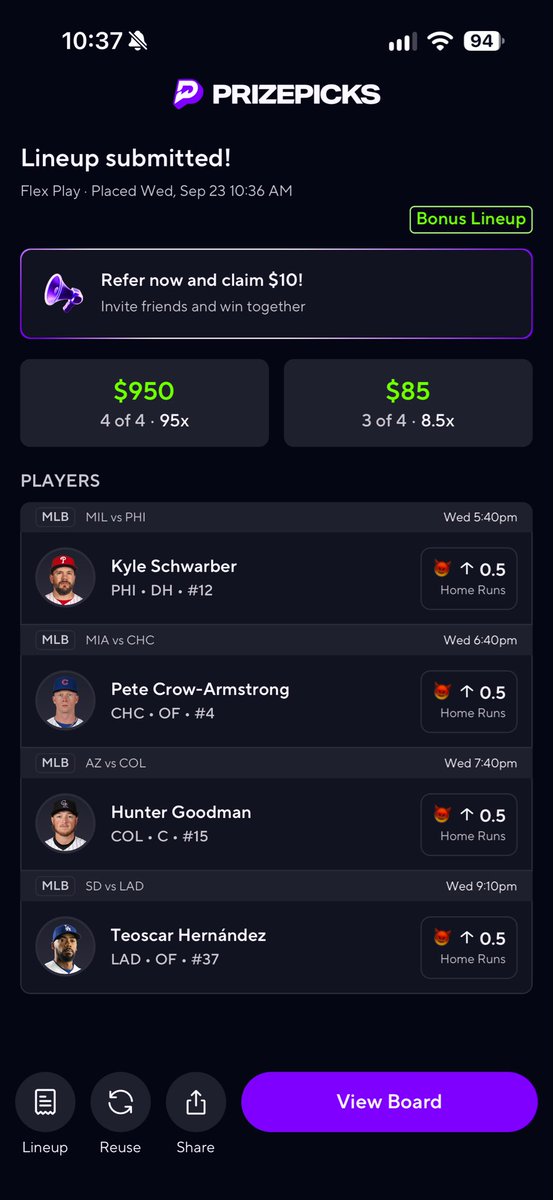 LineSportsPicks's tweet photo. $10 → $950 IF THESE 4 LEAVE THE YARD 💣👀

4 HRs = $950. Even 3 = $85 on this flex.

Who’s hitting one… and who’s ruining the slip? 😂👇

#MLB #PrizePicks https://t.co/mEB4OHau8c