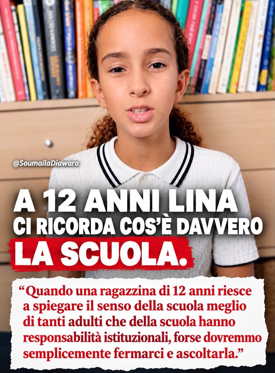 soumi_ds's tweet photo. Si chiama Lina, vive a Torino, frequenta la seconda media ed è figlia di genitori marocchini. Dopo aver ascoltato le parole di Giorgia Meloni sugli studenti stranieri e sulla necessità di evitare che gli italiani diventino una minoranza nelle classi, Lina ha deciso di parlare.

Non perché qualcuno glielo abbia chiesto. Non perché dovesse difendersi. Semplicemente perché quelle parole riguardavano anche lei. E la sua risposta merita di essere ascoltata.

Lina dice una cosa elementare: nessuno dovrebbe sentirsi escluso. Né il bambino appena arrivato in Italia, né quello che sta ancora imparando la lingua, né quello che ha un cognome straniero, né quello che è nato e cresciuto qui ma continua a essere chiamato “straniero”.

Racconta della sua classe, dei compagni con origini diverse, delle lingue e delle culture che ogni giorno si incontrano dentro la stessa aula. Racconta anche di un ragazzo appena arrivato in Italia che parla francese e sta imparando l’italiano. Lei e gli altri compagni cercano di aiutarlo. Non sempre riescono a capirsi. Ma ci provano.

Ed è proprio questo il punto.

La scuola non dovrebbe insegnare ai ragazzi a chiedersi chi abbia più diritto di stare dentro un’aula. Dovrebbe insegnare a stare insieme, a conoscersi, a rispettarsi, ad aiutarsi e anche a riconoscere le difficoltà degli altri.

Perché le difficoltà esistono. Ci sono studenti che rimangono indietro, ragazzi che non comprendono una spiegazione, persone che si sentono sole o che hanno bisogno di maggiore sostegno. E per affrontare questi problemi servono più insegnanti, più tempo, più strumenti e una scuola messa nelle condizioni di funzionare davvero.

Non serve dividere i ragazzi in base all’origine.

Lina pone una domanda che dovrebbe essere al centro del dibattito: se stabilisci un limite agli studenti “stranieri” in una classe, chi decide chi è di troppo?

Perché dietro ogni percentuale c’è una persona. C’è un bambino che ha già i suoi amici. C’è una ragazza che finalmente si sente parte di una classe. C’è un compagno che magari è nato proprio in quella città. C’è qualcuno che sta semplicemente crescendo insieme agli altri.

E allora forse dovremmo smettere di parlare dei bambini come fossero numeri da distribuire nelle classi.

Sono persone. Sono compagni di banco. Sono bambini che domani mattina entreranno a scuola, si siederanno uno accanto all’altro e continueranno a vivere quella realtà che gli adulti discutono nei palazzi.

Lina non chiede privilegi. Non chiede di prendere il posto di qualcun altro. Chiede soltanto che a scuola ci sia spazio per tutti.

E a 12 anni ci ha ricordato una cosa che dovrebbe essere ovvia: la scuola non deve insegnare ai bambini chi è straniero. Deve insegnare loro che nessuno è di troppo.