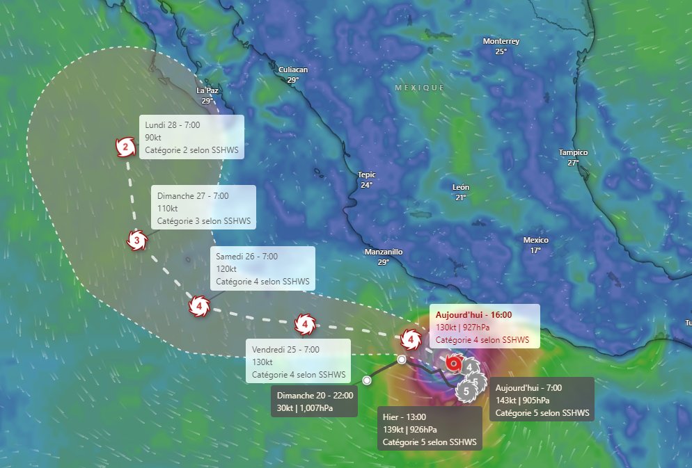 Meteovilles's tweet photo. 🌀 Dans le #Pacifique, l'#ouragan #Polo long la côte mexicaine en catégorie 4 (après avoir atteint la catégorie 5). Il tend à s'éloigner des terres bien qu'il pourrait menacer la région de La Paz d'ici lundi. (via @Windycom) https://t.co/aui2C7xX2e