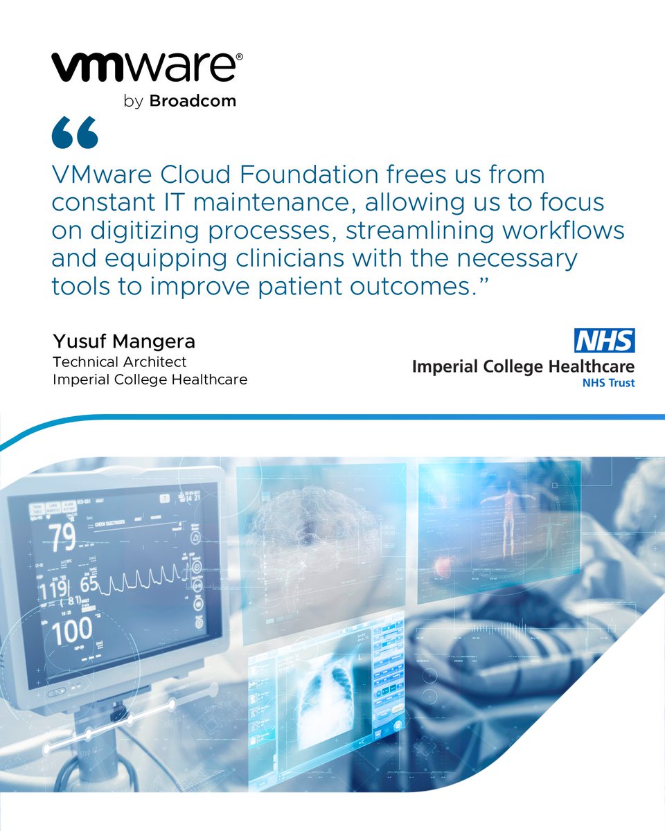 VMware's tweet photo. Less time spent on routine IT maintenance = more time spent improving patient care. 🏥

See how @ImperialNHS uses VCF to streamline clinical workflows and accelerate digital transformation:  https://t.co/y89ZEWlvIo https://t.co/XTRwhNEtBD