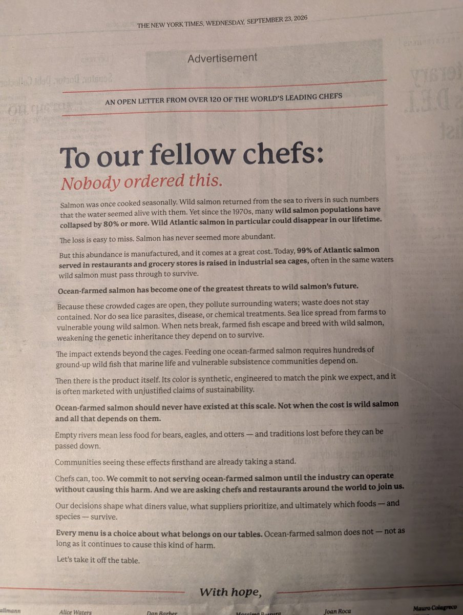 ProtectOurShore's tweet photo. Farmed salmon: Chefs worldwide call for farmed Atlantic salmon to be removed from the menu noting conditions within the cage; tides spreading impacts; synthetic additive for color; and impacts on worldwide wild forage fish.
#salmon #OffTheTable #bcpoli @VancouverSun @UBCoceans https://t.co/gjk8qfFODv