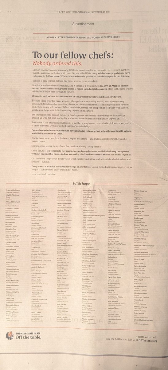 ProtectOurShore's tweet photo. Farmed salmon: Chefs worldwide call for farmed Atlantic salmon to be removed from the menu noting conditions within the cage; tides spreading impacts; synthetic additive for color; and impacts on worldwide wild forage fish.
#salmon #OffTheTable #bcpoli @VancouverSun @UBCoceans https://t.co/gjk8qfFODv