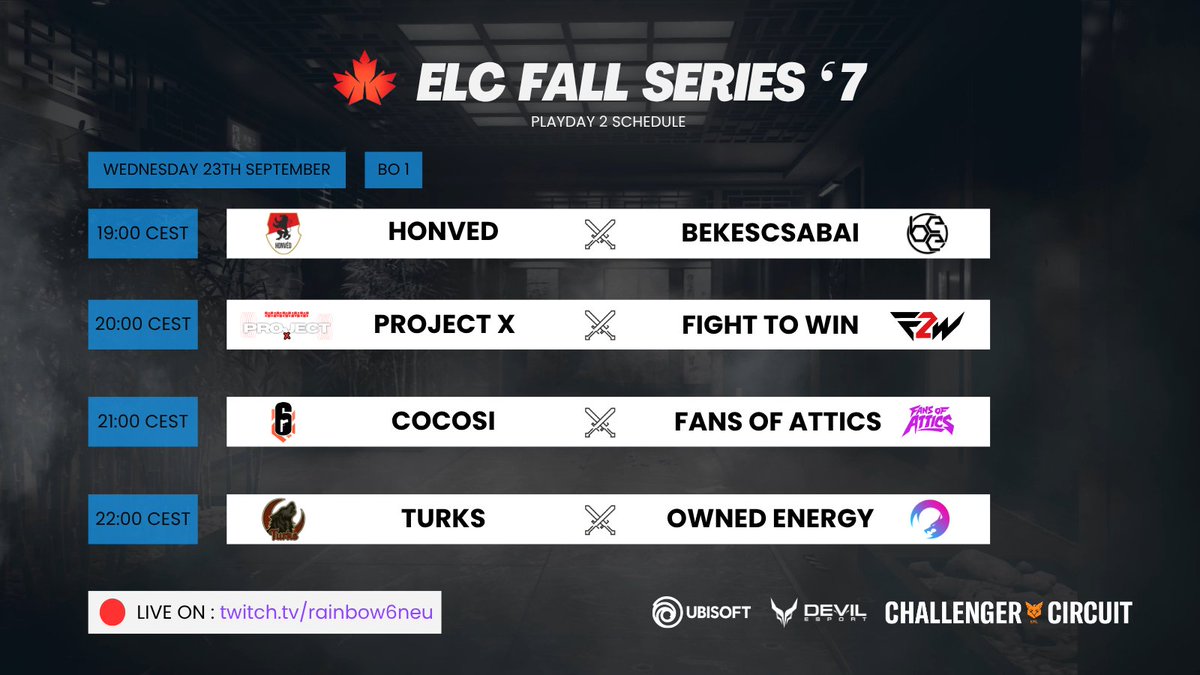 ELC_EsportsR6's tweet photo. [𝐄𝐋𝐂 𝗙𝗮𝗹𝗹 𝐒𝐞𝐫𝐢𝐞𝐬 #𝟳]

Tonight, its a Playday 2 for this Championship Division. Starting now :

⌚️19:00 : @HonvedEsport🆚@esport_bee 

🎙️ @Kryz_UK &amp; #TheDoc &amp; @HimeGarce 
📺 @vifi23 &amp; @BabaTVtwitch
🎚️ @haz3shot 

🔴 https://t.co/WomNgoArsj

#WeAreELC #ELCFallSeries7 https://t.co/DCtimlfLYt